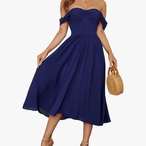 Off Shoulder Short Sleeve A Line  Midi Short Dress